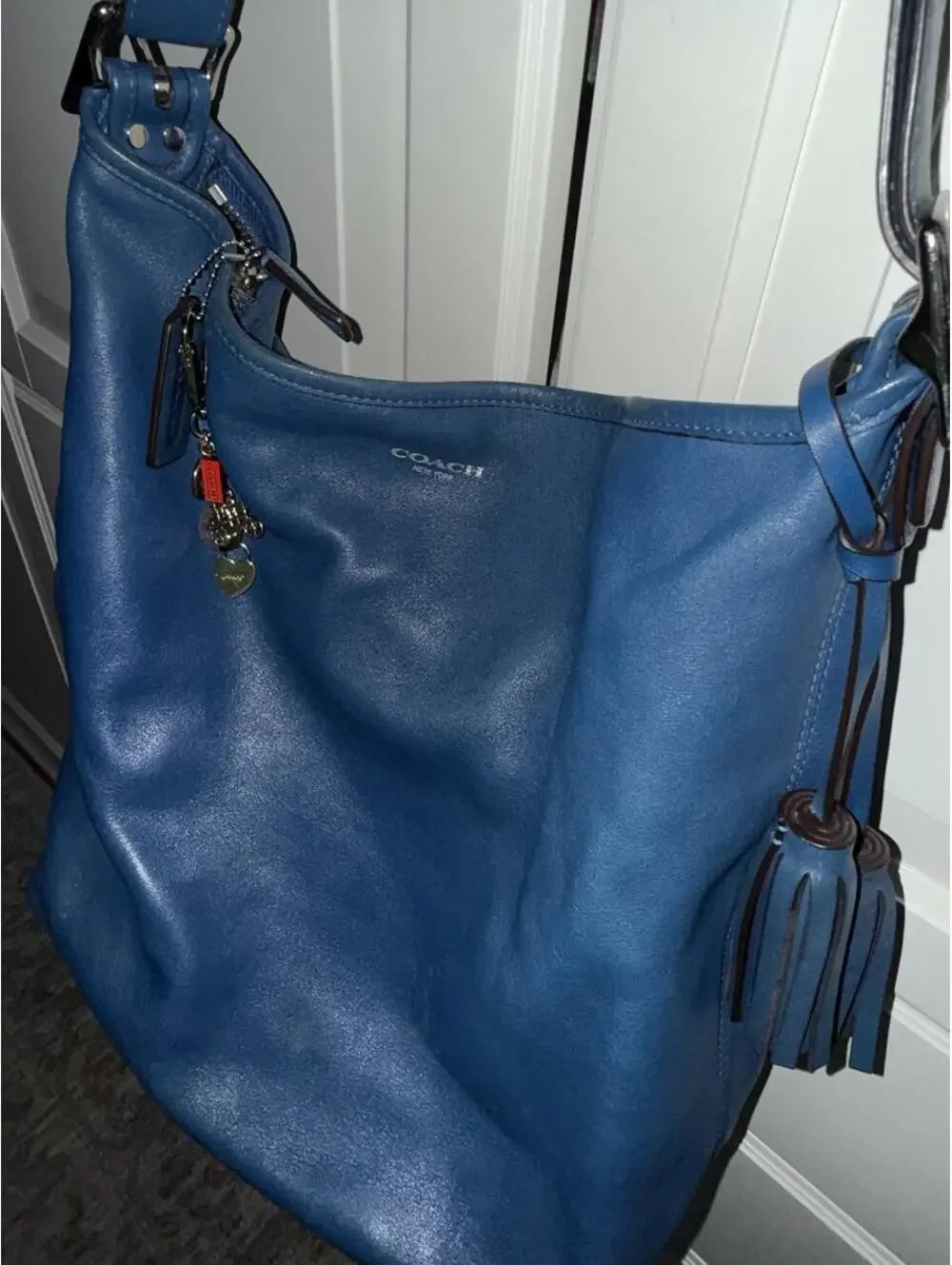 Coach legacy cobalt blue leather shoulder bag with tassel detail #coach #luxury